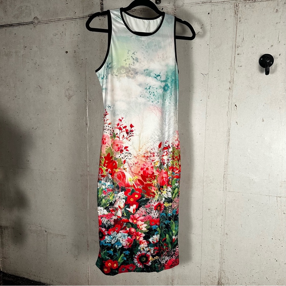 Elegant floral print summer sleeveless stretchy bodycon midi dress size S NWOT‎